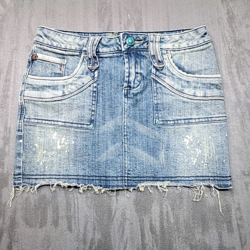 Vtg Y2K Zana-Di Micro Mini Skirt Distressed Paint Splatter Denim Light Wash Sz 3